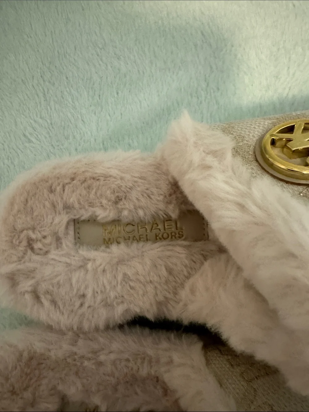 Michael Kors Pale Pink Faux-Fur Logo Slip-On Slippers